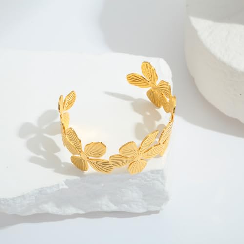 Woworama Gold Flower Cuff Bracelet For Women Boho Vintage Floral Flower Bracelets Wide Chunky Cuff Bracelets Matte Gold Statement Cuff Bangles thumb #6