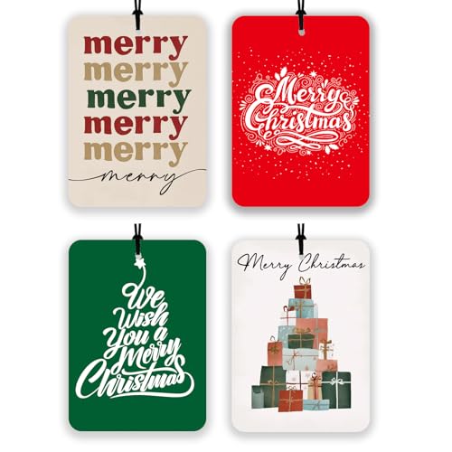 llyinglpdec Modern Christmas Car Air Fresheners, 4-Pack Hanging Holiday Air Freshener Set with Merry Christmas Tree and Gift Stack Designs, Green