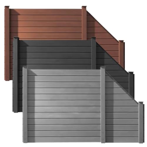 HORI WPC Sichtschutz Komplettset Stecksystem Zaun Garten Gartenzaun Lamellenzaun Windschutz Zaunelemente Komplettbausatz 1x Schräg + 1x kl. Pfosten - zum Aufschrauben - Zaun: Grau - Pfosten: Grau