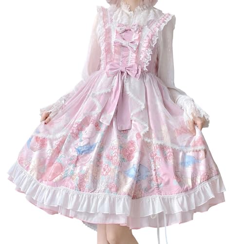 Packitcute Robe de fête Lolita pour adolescentes, imprimé lapin kawaii, avec nœud, ruches, manches courtes, robe mignonne A-line, déguisement cosplay, rose, taille...