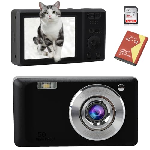 Digital Camera, 2023 Newest 4K 50MP Digital Cameras for Kids, Time Stamp Antishake 16X Zoom, Anti-Shake, 32GB SD Card, Compact Small Travel Camera for Boys Girls Teens(Black)