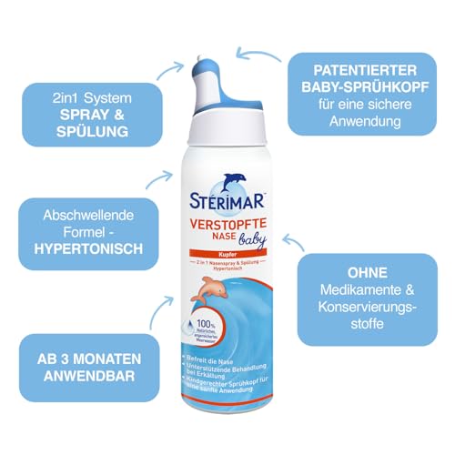 Stérimar Meerwasser Nasenspray, 100% natürliches Meerwasser, 2 in 1 Spray und Spülung, für Babys und Kinder ab 3 Monaten, 50 ml, 150 Sprühstöße