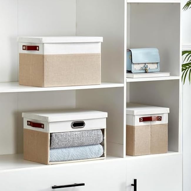 Fabric Clear Window Storage Bins with Lid, Closet Storage Box Linen Closet Baskets with 3 Handles for Organizing Clothing, Jeans, Shelves 15''- 3 Pack (Beige and White)