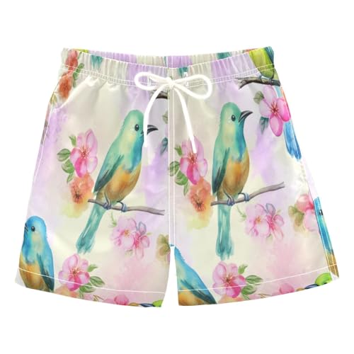 Kids Swim Shorts, Anti-Chafe Swim Trunks Boys 2 T, Watercolor Birds Flowers