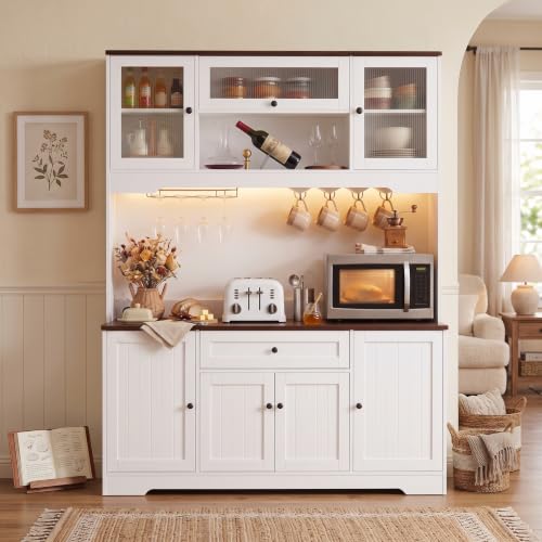 ETRONA LIVING Kitchen Pantry Cabinet with Countertop, 47.2" Wide Kitchen Hutch with Power Outlet, Fluted Acrylic Doors, Adjustable Shelves, Drawer and Mug Hooks, White and Walnut