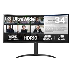 LG Electronics Curved UltraWide Monitor 34WR55QK, 34 inch, 1440p, 100Hz, 5ms Response Time, VA Panel, Smart Energy Saving, USB-C (65W Power Delivery), Displayport, HDMI