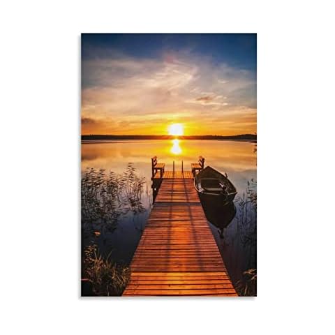 Sunset Over The Fishing Pier At Finland Lake Poster Family Room Decoration Canvas Waterproof Creative Printing Decoration Painting Living Room Bedroom Display 08x12inch Cover