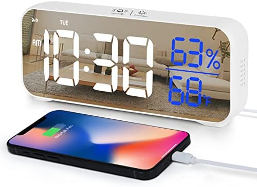 Hokand Digital Alarm Clock for Bedroom - 7" Large LED Display with USB Charger,Backup Battery,Indoor Temperature,Humidity,Day,18 Melodies,5 Brightness,12/24 Hr,DST,Volume Control Dual Alarm Clocks