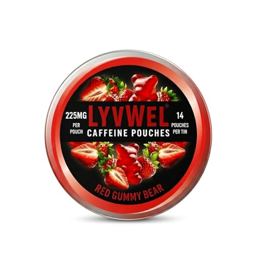 Image of LyvWel 225mg Caffeine Pouches, Guarana-Powered Energy Pouches, Nootropic Pouches, Nicotine Free Pouches & Tobacco-Free, 1-Pack, 14 Pouches Red Gummy Bear