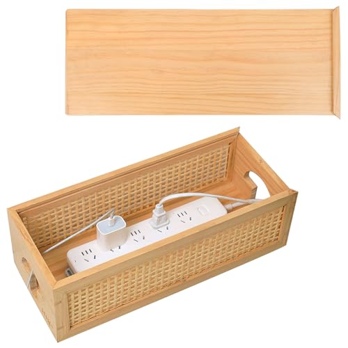 HTB Pinewood Cable Management Box with Bamboo Rattan Mesh - Vintage Cord Organizer for Desk with Valet Tray, Pull-Out Lid Design Safe for Kids and Pets