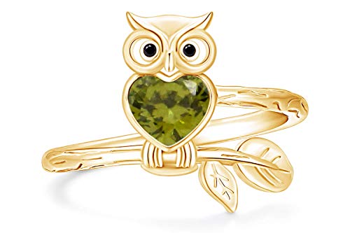 AFFY Heart Cut Simulated Peridot & Black Cubic Zirconia Night Owl Heart Promise Ring for Womens in 14k Yellow Gold Over Sterling Owl Lover Jewelry Ring Size-9
