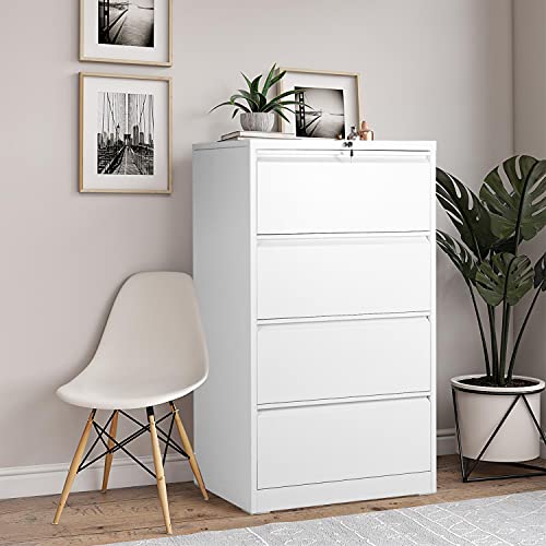 Intergreat 4 Drawer Lateral File Cabinet With Lock, White Lateral Filing Cabinet For Legal/Letter A4 Size, Locking Wide File Cabinet For Home Office, Metal, 0 Screw Assembeld #TOP6