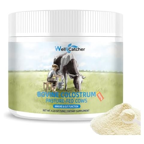 Wellcatcher Grass Fed Bovine Colostrum Powder for Humans - Natural High IgG Colostrum Supplement for Kids Adults with Immune Gut Hair Skin Support Easy to Mix 60 Servings Cover