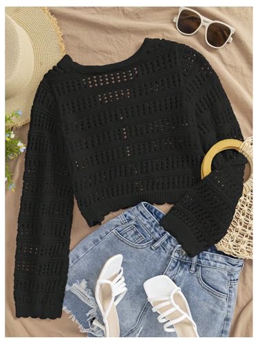 GORGLITTER Women's Crochet Tie Front Tops Long Sleeve Boho Cropped Cardigan Festival Cowgirl Outfits2