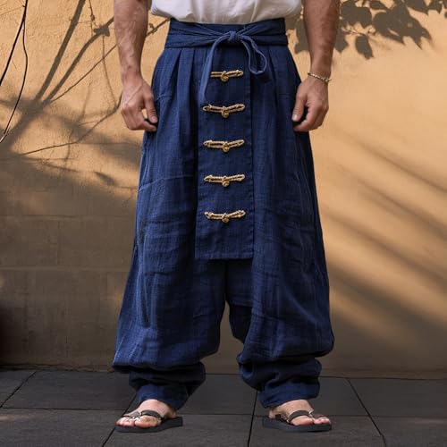 Men's Cotton Linen Harem Pants Casual Knot Button High Waist Wide Leg Trousers Pirate Hippie Baggy Pants with Belt3