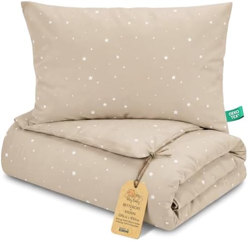 Kinder Bettdecke ohne Bezug 100x135 cm - Baumwolle Baby Decke und Kissen Set Kinderdecke 100 x 135 und Kopfkissen 60 x 40 - Bettdecken Kinderbettdecke Oeko-Tex Beige mit Weiß Stern