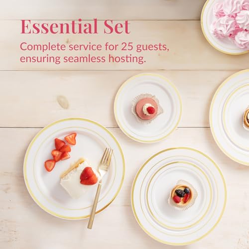Prestee 50-Piece Plastic Plates Disposable Set - White with Gold Rimmed Plastic Plate for Parties, Holidays, Weddings - Includes 25 Dinner Plates and 25 Small Salad Platter - Ideal Thanksgiving Plate - Thumbnail 4