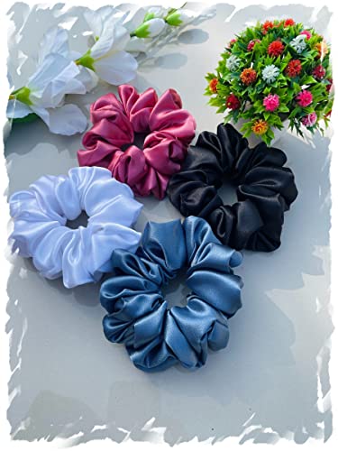 Image of Luxury Silk Scrunchies for Women and Girls, Hair Ties, Hair Band, Ponytail Holder, Set of 4, Combo-1 Multicolor