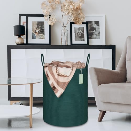 Image of Large Cotton Rope Laundry Hamper for Clothes 65L, Dark Green