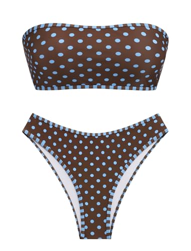 Image of ZAFUL Women Strapless Textured Bandeau Bikini 2 Piece Swimwear Cheeky Solid Lace up Bathing Suits