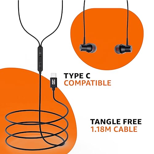 Image of (Refurbished) AmazonBasics EP2 in-Ear Type C Wired Earphones with Mic, Tangle Free 1.18 Metre Cable, Metallic Design, 10mm Drivers, in Line Mic & Volume Controller (Black)