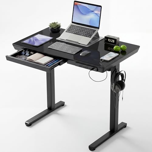 Image of INNOVAR 35 inch Small Glass Standing Desk with Drawers & USB Ports, Whole-Piece Glass Top Adjustable Height Desks, Quick-Install Electric Sit-Stand Up Desk for Home Office & Computer Workstation, Black