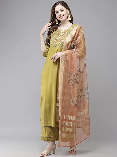 Image of INDO ERA Women's Cotton Blend; Organza & Rayon Kurta Palazzo With Dupatta Set