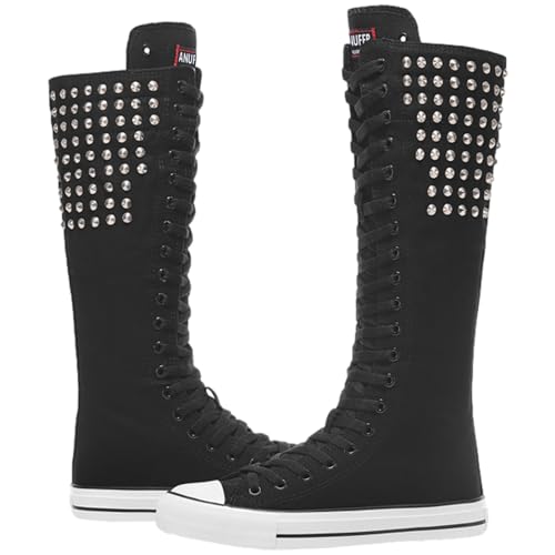Image of ANUFER Women Fashion Canvas Dance Boots Knee High Bicycling Boots Girls Fancy School Shoes