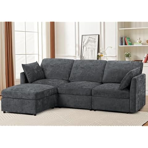 ACMEASE 84 Inches Chenille 3-Seater Sofa W/Movable Ottoman, Upholstered Sectional Sofa w/Soft Backrest, Modern Fabric L Shaped Couch w/Armrest Pillows for Living Room, Office, Grey Cover