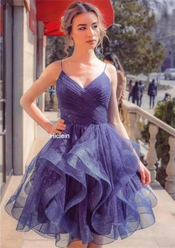Sparkly Tulle Homecoming Dresses for Teens Spaghetti Strap Tiered Short Prom Dress V Neck Cocktail Party Gown4