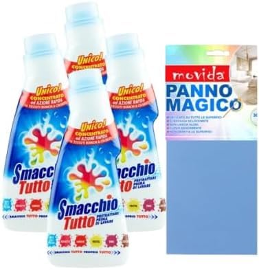 Smacchio Tutto Concentrato, Efficace su Tutte le Macchie, Dotata di Spazzolina Erogatrice, Usare Prima di Lavare, 250ml + OMAGGIO 1 Panno Magico 30x30cm (4 Flaconi + 1 Panno)