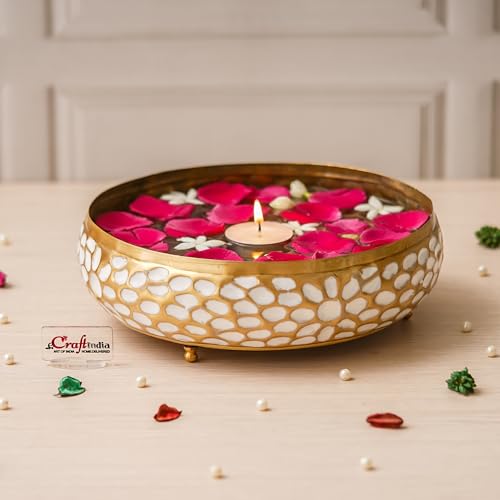 Image of eCraftIndia Golden Metal Urli Bowl for Home Decoration Office Tv Unit Kitchen Showpiece for Good Luck | Urli for Floating Candles Flowers for Pooja Room Entryway Living Room Diwali Gift