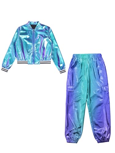 Linjinx Kids Boys Girls Hip Hop Modern Dance Outfit Shiny Metallic Long Sleeve Jacket and Dance Pants Set Tracksuit3