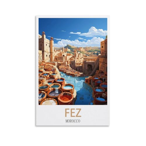Fez Maroc Poster vintage sur toile pour décoration d'intérieur, salle de bain, chambre à...