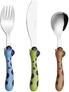 Exzact Children Cutlery Stainless Steel 3pcs Set/Toddler Cutlery Set/Kids Flatware - 1 x Fork, 1 x Safe Dinner Knife, 1 x Dinner Spoon (Giraffe x 3)