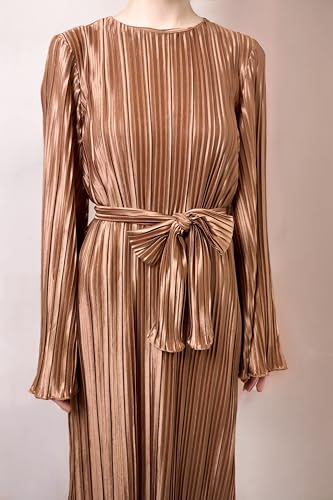 Image of Pluto & Fox Women's Crew Neck Plisse Maxi Dress Long Sleevele Flared Cuffs Belted Pleated Party Cocktail Wedding Guest Dress