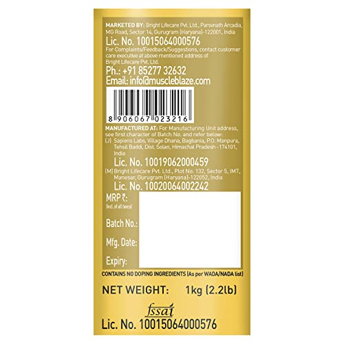 Image of MuscleBlaze Whey Gold, 100% Whey Protein Isolate, Labdoor USA Certified, 25 g Pure Isolate Whey Per Scoop (Rich Milk Chocolate, 1 kg / 2.2 lb) with Shaker, 650 ml (Combo Pack)