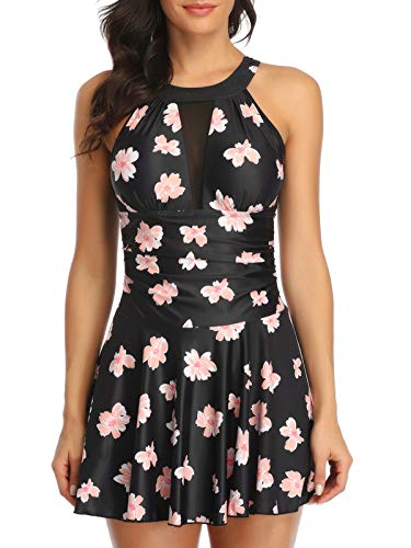 FLYILY Women’s One Piece High Waist Swimdress Tummy Control Swimsuit with Shorts Retro Beachwear Halterneck Swimwear(BlackFlower,S)
