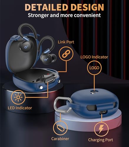 Image of for[Newest Secure Lock] Soundcore Sport X20 Case Cover, Soft Silicone Protective Scratch Resistant Logo Visible Design Cover for Soundcore Sport X20 by Anker Charging Case with Carabiner-Blue