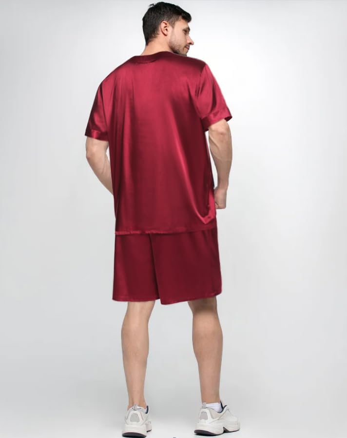 SWOMOG Men Satin Pajama Set Short Sleeve Pj Set 2 Pcs Loungewear Silk Sleepwear Half Button Down Long Pants with Pockets - Image 4