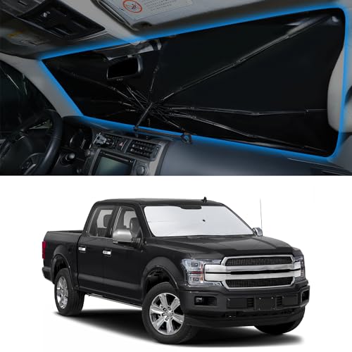 Image of Windshield Sun Shade Umbrella for 2015-2020 Fo-rd F150 | Full covered for windshield, Block UV Rays, Heat Reduction, Easy to install, Durable & Fold Up Small