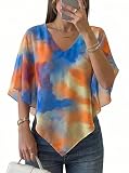 Dokotoo Womens Summer Tops 2026 V Neck Batwing Sleeve Double Layer Chiffon Top Loose Oversized Dressy Casual Tie Dye Printed Poncho Blouses Orange Large