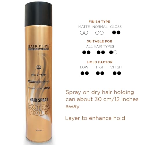 Image of Hair Pure Extra Hold Hair Spray | Quick Drying | Long Lasting Hold | No Flaking | Natural Shine | Non-Sticky | Easy Wash Off | Pro Vitamin B5 | Conditioning Formula (430ml)