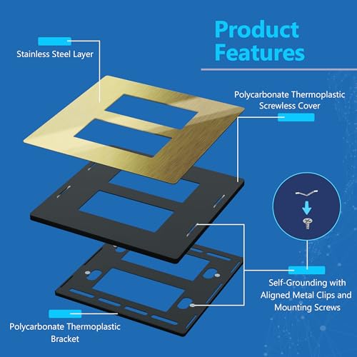 Image of LIDER Double Decorator Metal Wall Plate, Temperature and Impact Resistant, Screwless Cover, Modern Upgrade, Mid-Size 2-Gang 4.88 inch x 4.92 inch, LSMWP-32M-BB, UL Listed, Stainless Steel, Brushed Brass