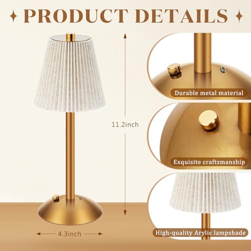 Image of Liliful 2 Pcs Cordless Table Lamp Rechargeable Touch LED Small Gold Portable Battery Operated USB-c Desk Lamp 3 Color Dimmable for Bedroom Living Room Dining (Gold,Linen Fabric)