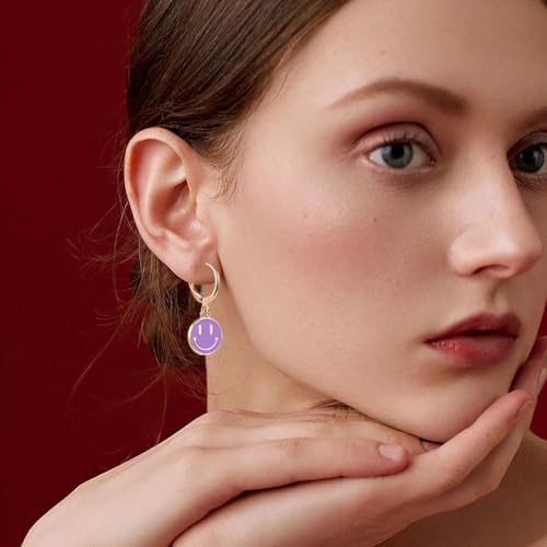 Image of Smiley Face Earrings Huggie Hoop Y2K Preppy Happy Lightning Bolt Heart Star Small Dangle Colorful Gold White Red Pink Yellow Blue Jewelry