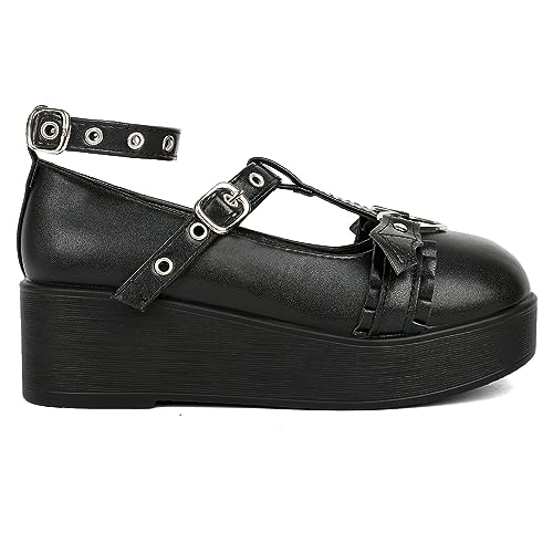 Cute Platform Pumps Mary Jane Wedge Shoes for Women Ankle T Strap Round Toe Goth Dress Shoes2