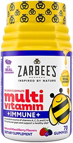 Zarbee's Complete Kids Multivitamin Gummies + Immune Support, Children Vitamins Gummy with Vitamin A, C, D3, E, B6, B12, Folic Acid & Total B-complex, 70 Count