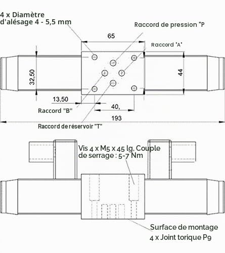Électrovanne 6, vanne hydraulique 4/3 voies, A-B-P-T fermée, 12 V, pression max. 315 bars