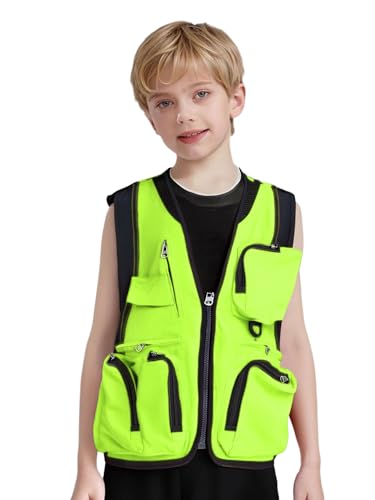YiZYiF Boys Girls Outdoor Activities Vest Sleeveless Fishing Cargo Jacket With Multi Pockets Cycling Combat Vest Fluorescent Green 8-12 Years